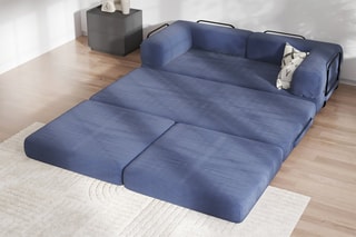 Canapé convertible avec pouf Smart - Bleu marine - 2 places - En tissu velours