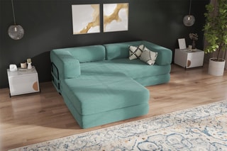 Canapé convertible avec pouf Smart - Vert d'eau - 2 places - En tissu velours