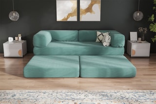 Canapé convertible avec pouf Smart - Vert d'eau - 2 places - En tissu velours
