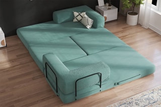 Canapé convertible avec pouf Smart - Vert d'eau - 2 places - En tissu velours