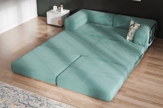 Canapé convertible avec pouf Smart - Vert d'eau - 2 places - En tissu velours