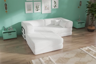 Canapé convertible avec pouf Smart - Blanc - 2 places - En tissu velours côtelé