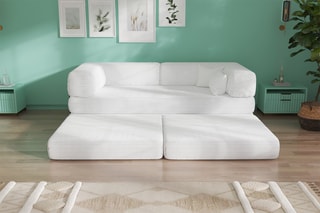 Canapé convertible avec pouf Smart - Blanc - 2 places - En tissu velours côtelé