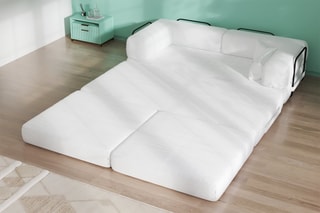 Canapé convertible avec pouf Smart - Blanc - 2 places - En tissu velours côtelé