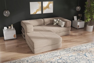 Canapé convertible avec pouf Smart - Beige - 2 places - En tissu velours côtelé