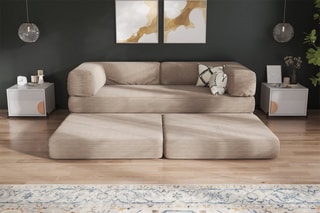 Canapé convertible avec pouf Smart - Beige - 2 places - En tissu velours côtelé