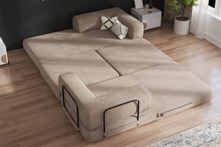 Canapé convertible avec pouf Smart - Beige - 2 places - En tissu velours côtelé