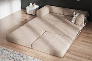 Canapé convertible avec pouf Smart - Beige - 2 places - En tissu velours côtelé