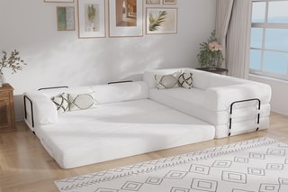 Canapé d’angle droit convertible Smart - Blanc - 4 places - En tissu velours