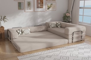 Canapé d’angle droit convertible Smart - Beige - 4 places - En tissu velours