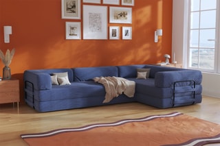 Canapé d'angle droit convertible Smart - Bleu marine - 4 places - En tissu velours