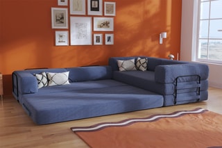 Canapé d'angle droit convertible Smart - Bleu marine - 4 places - En tissu velours