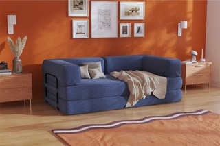 Ensemble canapé convertible Smart et housse - Bleu - 2 places - Tissu velours