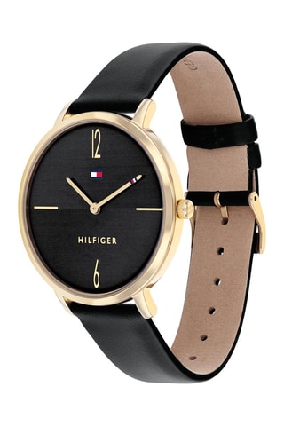 Leren en Fijn Doublé Geelgoud Quartz Horloge Liza - Zwart