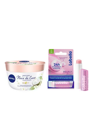 Baume à lèvres Perly Shine et baume Soufflé Perlé Noix de coco et huile de monoïe de monoï - 4,8 g et 200 ml