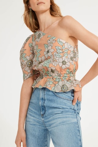 Top asymétrique en lin - Saumon et beige