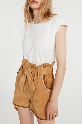 Short en cuir de chèvre nubuck taille haute - Marron clair