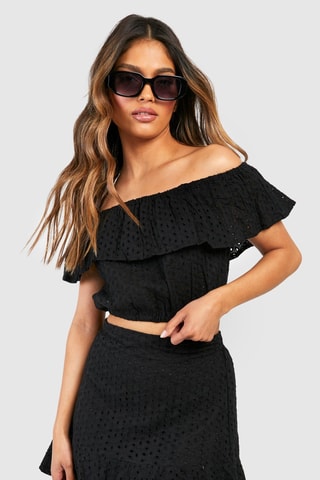 Crop top et jupe patineuse en broderie anglaise - Noir