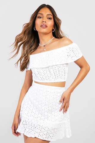 Crop top et jupe volantée en broderie anglaise - Blanc