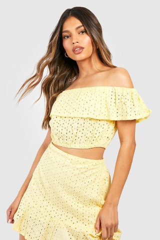 Crop top et jupe patineuse en broderie anglaise - Jaune pâle