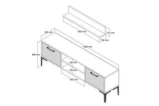 Meuble TV avec étagère murale - 140 x 48 x 30 / 80 x 14,2 x 13,6 cm