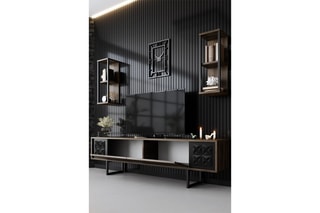 Meuble TV 2 abattants et 2 étagères murales - 180 x 48 x 30 / 2 étagères de 22 x 60 x 21 cm