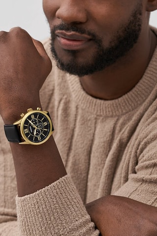 Montre à quartz en cuir Flynn - Chronographe - Noir et doré