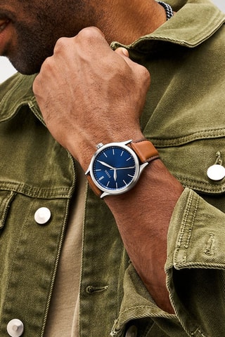 Montre à quartz en cuir - Marron et argenté