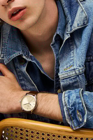 Montre à quartz en cuir - Marron foncé et argenté