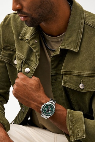 Montre à quartz en acier - Tachymètre et GMT - Argenté et vert foncé