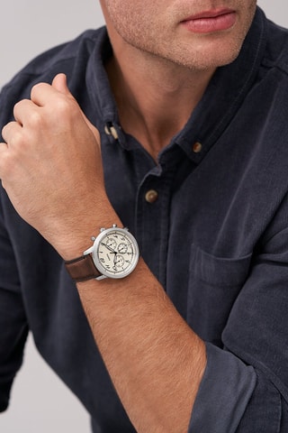 Montre à quartz en cuir - Chronographe - Marron et argenté