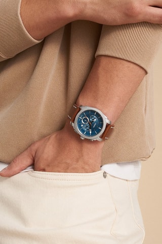 Montre à quartz en cuir - Chronographe - Marron et argenté
