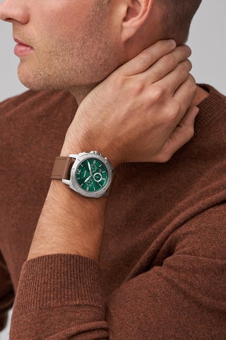 Montre à quartz en cuir Privateer - Chronographe - Marron et argenté
