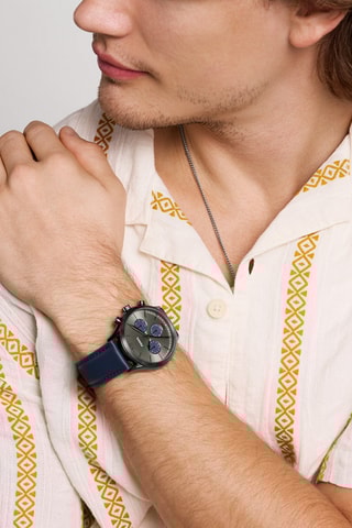 Montre à quartz en cuir - Chronographe - Bleu et gris