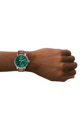 Montre à quartz en cuir - Compteur phases de la lune - Marron et argenté