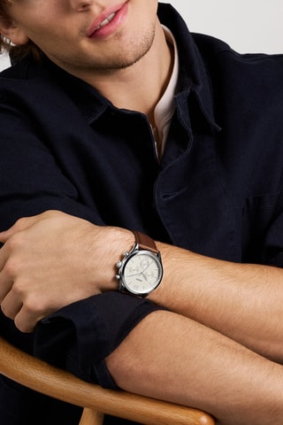 Montre à quartz en cuir - Chronographe - Marron et argenté