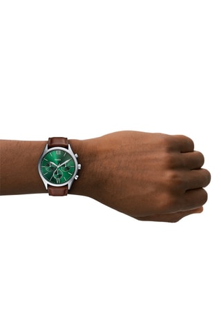 Montre à quartz en cuir - Chronographe - Marron et argenté