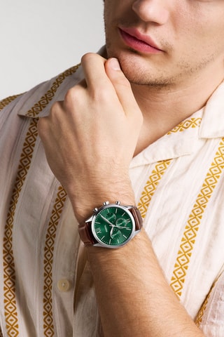 Montre à quartz en cuir - Chronographe - Marron et argenté