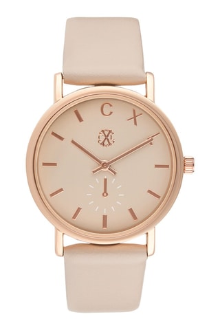 Montre à quartz en cuir synthétique - Beige et doré rose