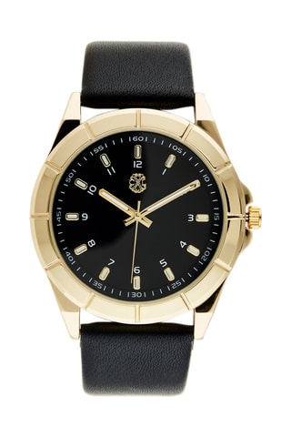 Montre à quartz en cuir synthétique - Noir et doré