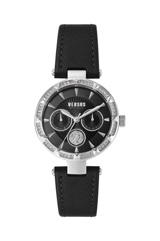 Montre à quartz en cuir ornée de cristaux Swarovski Sertie Crystal Multifunction - Argenté et noir