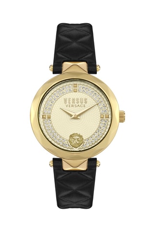Montre à quartz en cuir, plaqué ion or jaune et ornée de cristaux Swarovski Covent Garden Crystal Dial - Noir et doré
