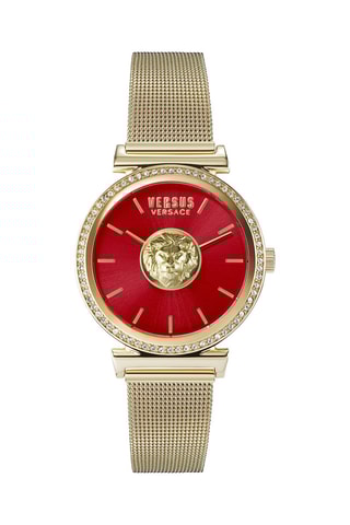 Montre à quartz en acier, plaqué ion or jaune et ornée de cristaux Swarovski Brick Lane Mesh - Doré et rouge