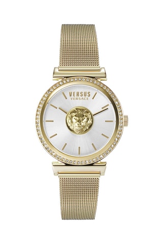 Montre à quartz en acier, plaqué ion or jaune et ornée de cristaux Swarovski Brick Lane Mesh - Doré et blanc