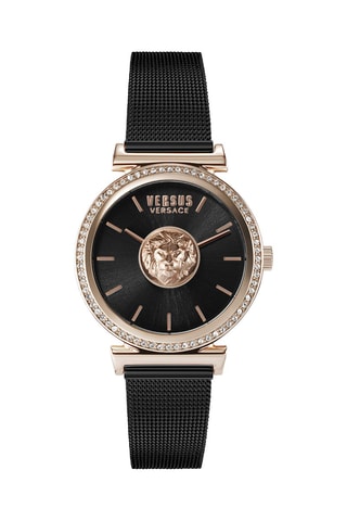 Montre à quartz en acier, plaqué ion noir, plaqué ion or rose et ornée de cristaux Swarovski Brick Lane Mesh - Noir et doré rose