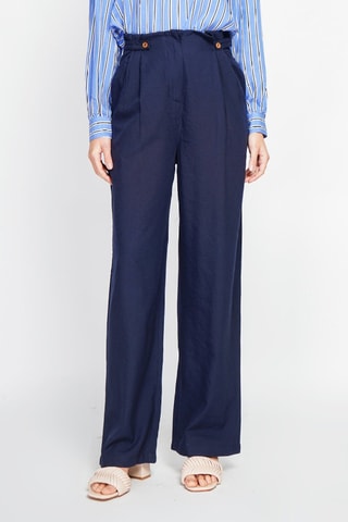 Pantalon large en lin taille haute - Bleu marine