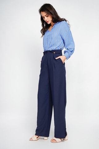 Pantalon large en lin taille haute - Bleu marine