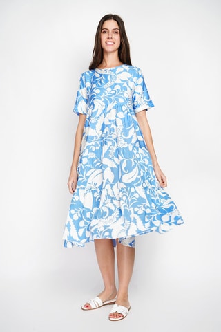 Robe patineuse en lin - Bleu clair et écru