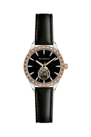 Montre automatique en cuir et plaqué ion or jaune et argent - Noir et argenté