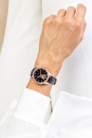 Montre automatique en cuir et plaqué ion or jaune et argent - Noir et argenté